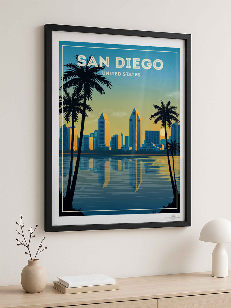 San Diego United States Travel Poster Print buildings cityscape coastal framed gradient illustration modern new ocean palm reflection silhouette skyline skyscrapers sunset trees twilight urban water waterfront
