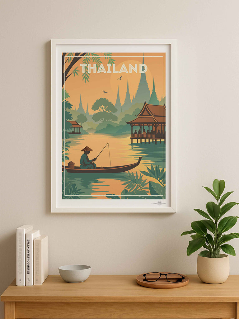Thailand Travel Poster Print architecture bamboo boat culture exotic fisherman fishing foliage green illustration jungle landscape nature new orange pagoda peaceful reflection river serene silhouette spires sunrise sunset temple Thai Thailand tropical vintage water