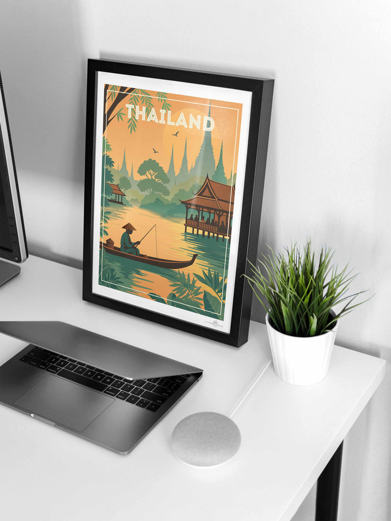 Thailand Travel Poster Print architecture bamboo boat culture exotic fisherman fishing foliage green illustration jungle landscape nature new orange pagoda peaceful reflection river serene silhouette spires sunrise sunset temple Thai Thailand tropical vintage water