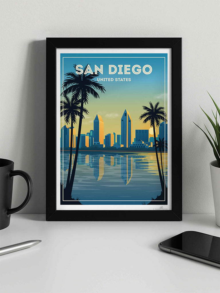 San Diego United States Travel Poster Print buildings cityscape coastal framed gradient illustration modern new ocean palm reflection silhouette skyline skyscrapers sunset trees twilight urban water waterfront