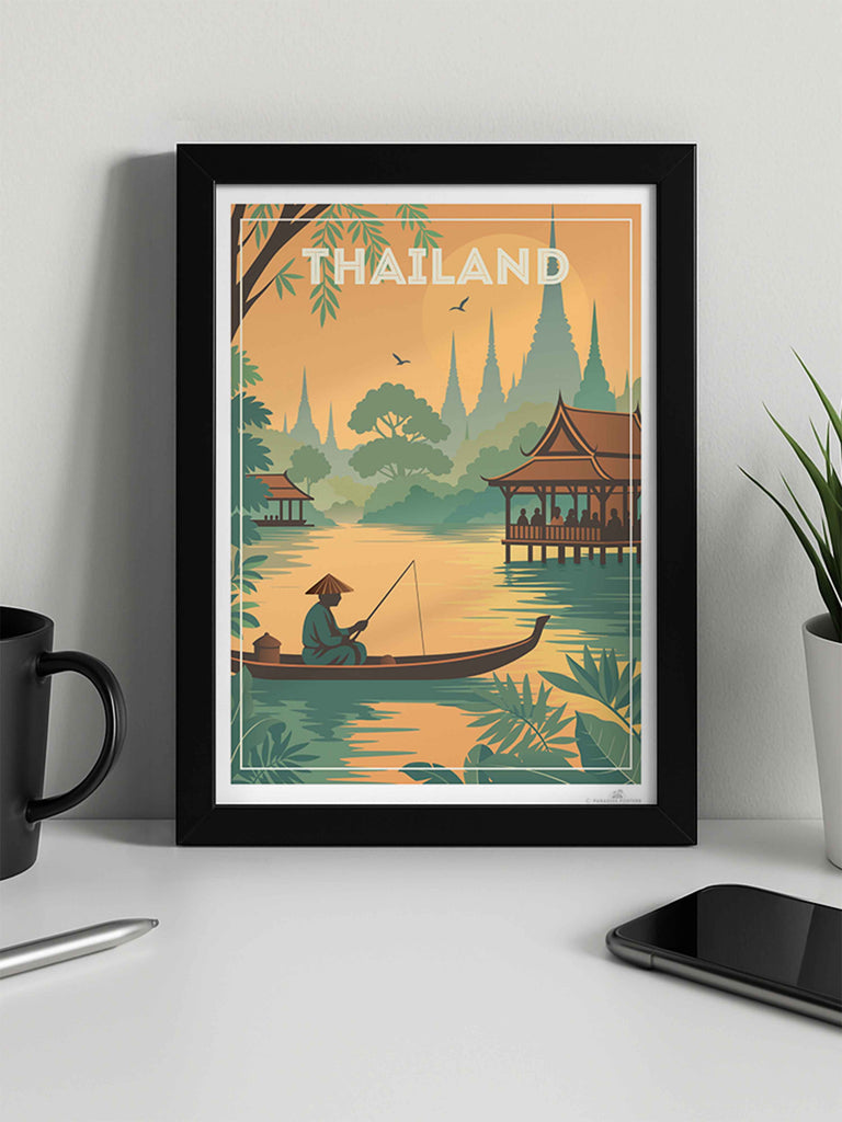 Thailand Travel Poster Print architecture bamboo boat culture exotic fisherman fishing foliage green illustration jungle landscape nature new orange pagoda peaceful reflection river serene silhouette spires sunrise sunset temple Thai Thailand tropical vintage water