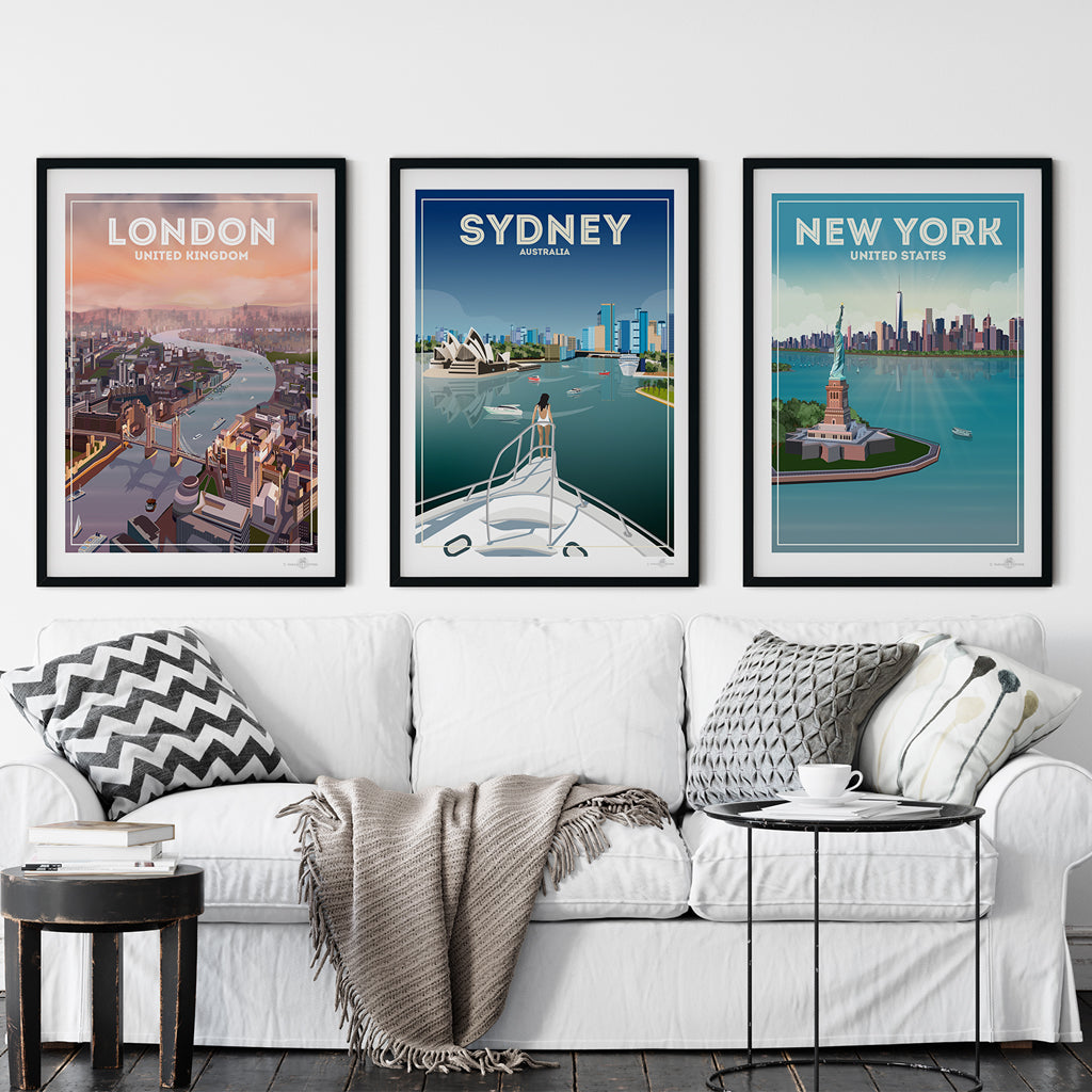 top cities travel posters, london, sydney, new york
