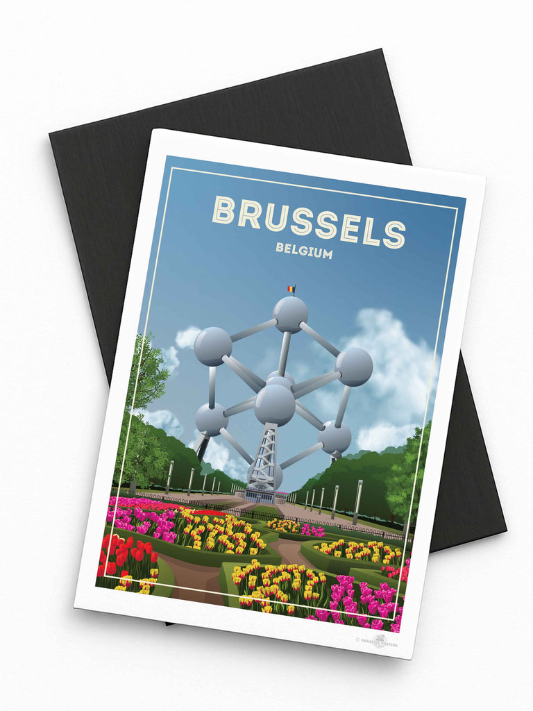 Fridge Magnet with Atomium and flowers design, featuring Brussels, Belgium text.
