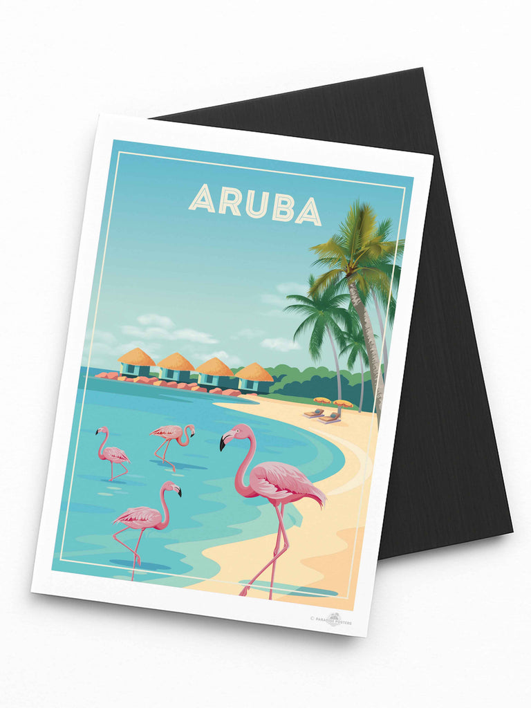 Aruba Travel Poster Print Fridge Magnet (A7 74 x 105mm) aruba Caribbean coast exotic flamingos framed huts lagoon new ocean palm paradise resort sand shoreline sunbeds trees tropical umbrellas water