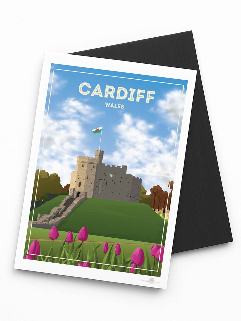 Cardiff Wales Travel Poster Print Fridge Magnet (A7 74 x 105mm) architecture cardiff castle clouds flag flowers fortress framed grass heritage hill historic landmark medieval new sky stone tower tulips welsh