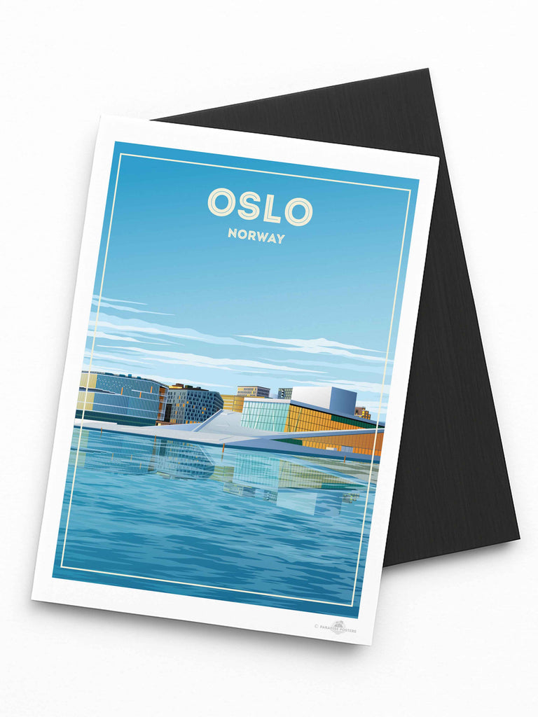 Oslo Norway Travel Poster Print Fridge Magnet (A7 74 x 105mm) architecture blue buildings cityscape contemporary framed glass harbour house modern new Norway opera oslo reflection sky skyline urban water waterfront