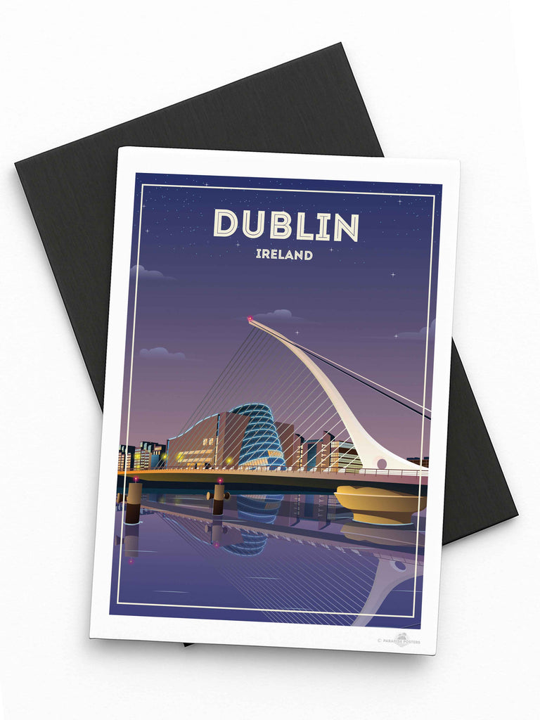 Dublin Ireland Travel Poster Print Fridge Magnet (A7 74 x 105mm) architecture bridge cables cityscape dublin evening framed illuminated ireland landmark lights modern new night reflection river skyline stars urban waterfront