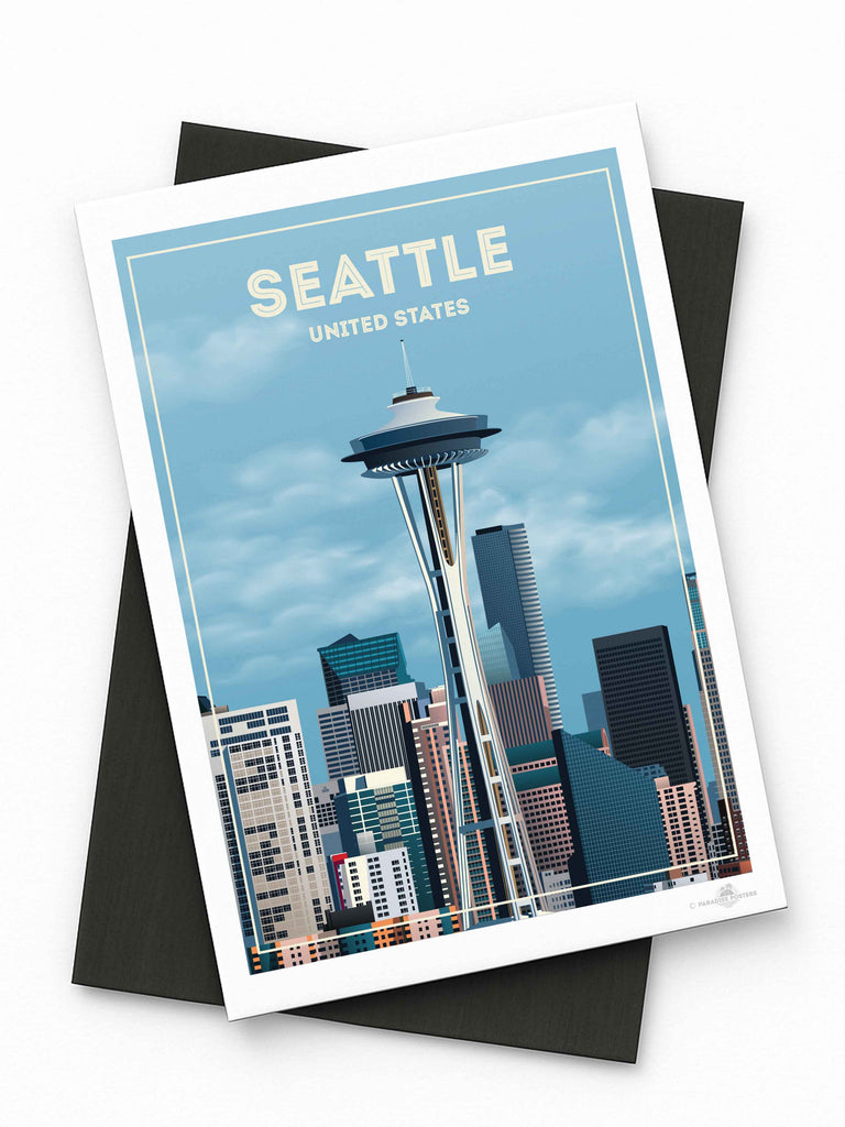 Seattle United States Travel Poster Print Fridge Magnet (A7 74 x 105mm) architecture buildings cityscape clouds downtown framed landmark metropolitan modern new seattle sky skyline skyscrapers spaceneedle states tower united urban usa