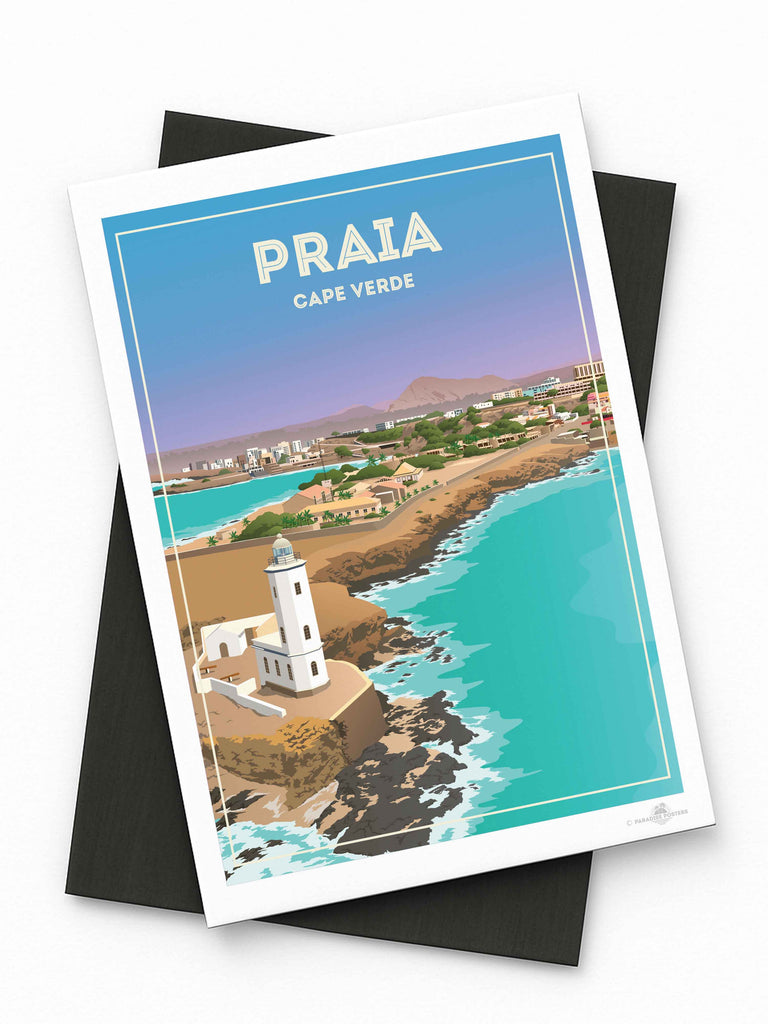 Praia Cape Verde Travel Poster Print Fridge Magnet (A7 74 x 105mm) beach decor bedroom wall art birthday present calming wall art cape verde cape verde art coastal wall art framed gift idea housewarming gift lighthouse print living room art minimalist decor modern art print new office decor pastel colour art praia cape verde travel poster print praia poster sea view poster travel home decor travel poster turquoise sea with pastel blue and lavender sky