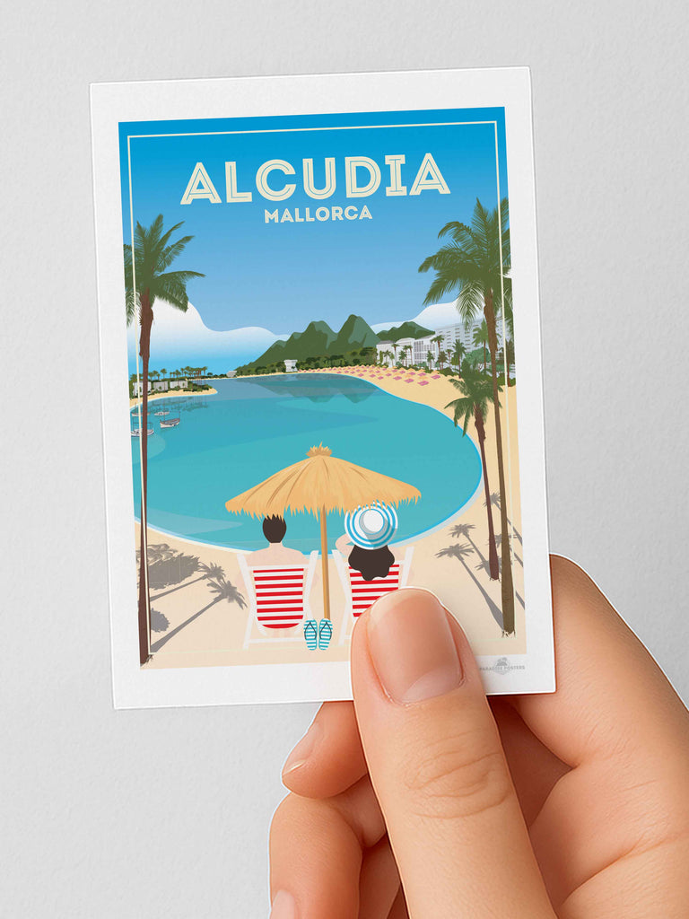 Alcudia Mallorca Travel Poster Print Fridge Magnet (A7 74 x 105mm) Alcudia Europe hello Majorca Retro Spain