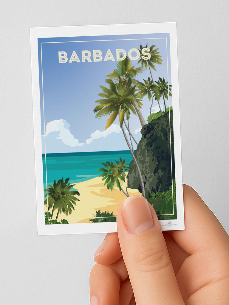 Barbados Travel Poster Print Fridge Magnet (A7 74 x 105mm) beach cliff clouds coast exotic framed greenery horizon jungle new ocean palm paradise sand sea shoreline sky trees tropical