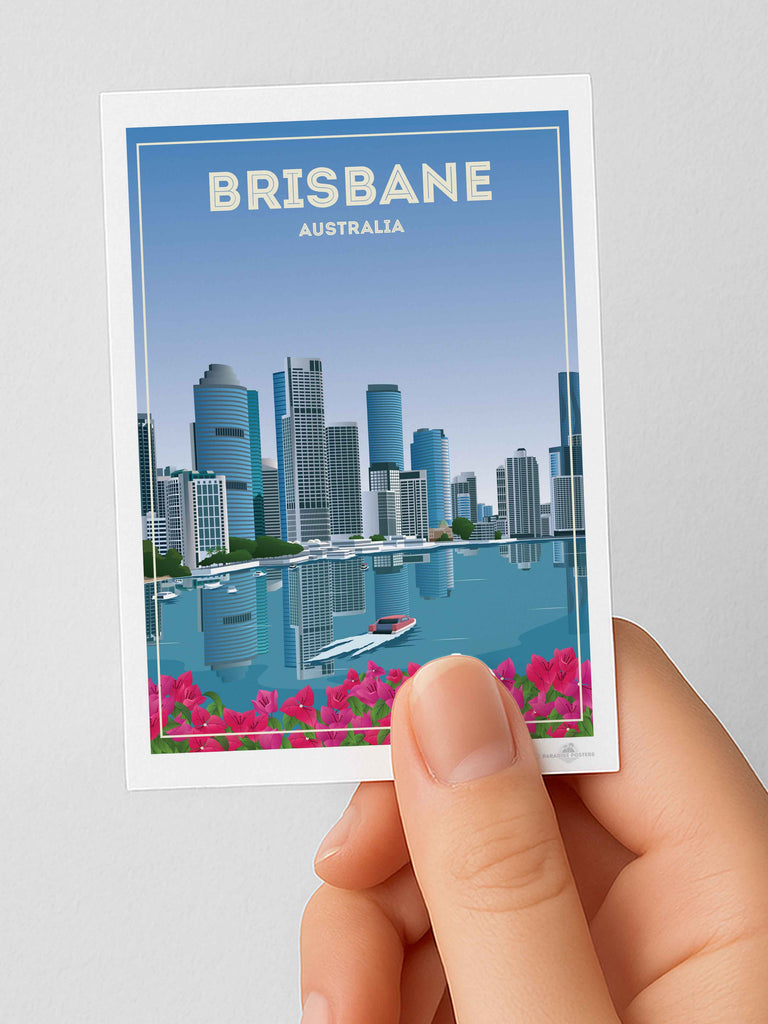 Brisbane Australia Travel Poster Print Fridge Magnet (A7 74 x 105mm) architecture blue boat brisbane buildings cityscape flowers framed modern new pink reflection river skyline skylineview skyscrapers tropical urban waterfront