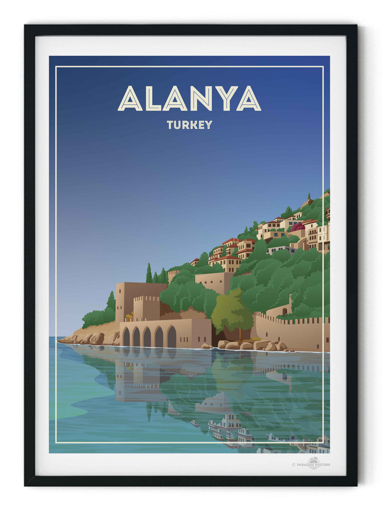 Alanya Castle Paradise Posters Travel Poster Print architecture blue castle coast fortress framed greenery hillside historic houses mediterranean new reflection sea shoreline sky towers Turkey walls water