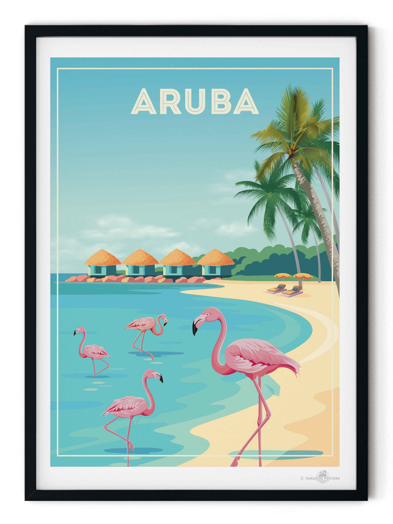 Aruba Travel Poster Print aruba Caribbean coast exotic flamingos framed huts lagoon new ocean palm paradise resort sand shoreline sunbeds trees tropical umbrellas water