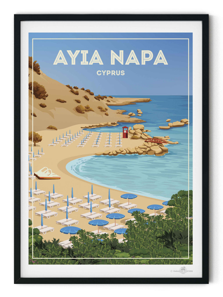 Ayia Napa Cyprus Travel Poster Print ayia bay beach cliffs coast framed greenery hut lifeguard napa new ocean resort rocks sand sea shoreline summer sunbeds umbrellas