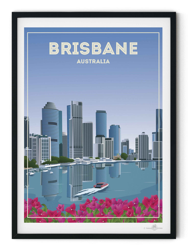 Brisbane Australia Travel Poster Print architecture blue boat brisbane buildings cityscape flowers framed modern new pink reflection river skyline skylineview skyscrapers tropical urban waterfront