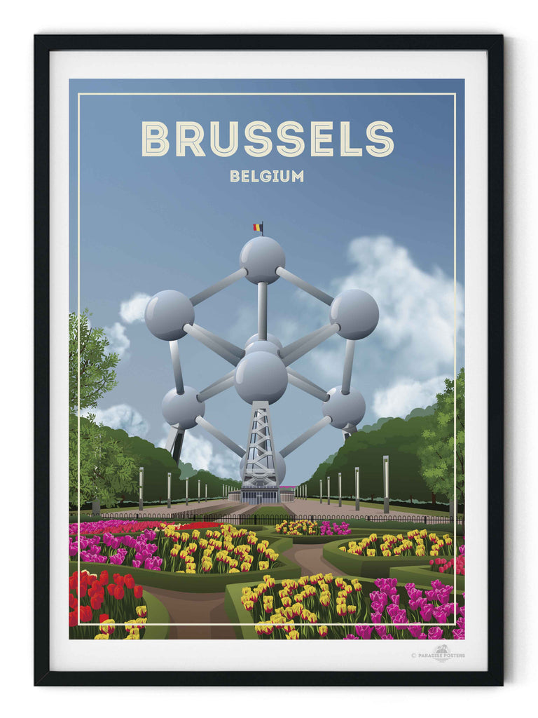 Brussels Belgium Travel Poster Print architecture atomium Belgium brussels clouds Europe flowers framed gardens iconic landmark modern monument new park sculpture sky spheres structure tourism trees tulips