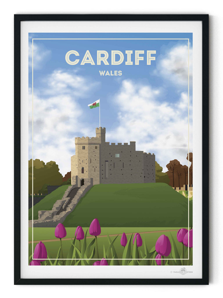 Cardiff Wales Travel Poster Print architecture cardiff castle clouds flag flowers fortress framed grass heritage hill historic landmark medieval new sky stone tower tulips welsh