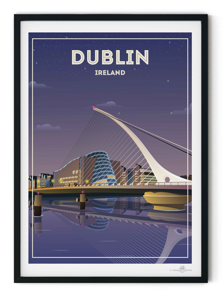 Dublin Ireland Travel Poster Print architecture bridge cables cityscape dublin evening framed illuminated ireland landmark lights modern new night reflection river skyline stars urban waterfront