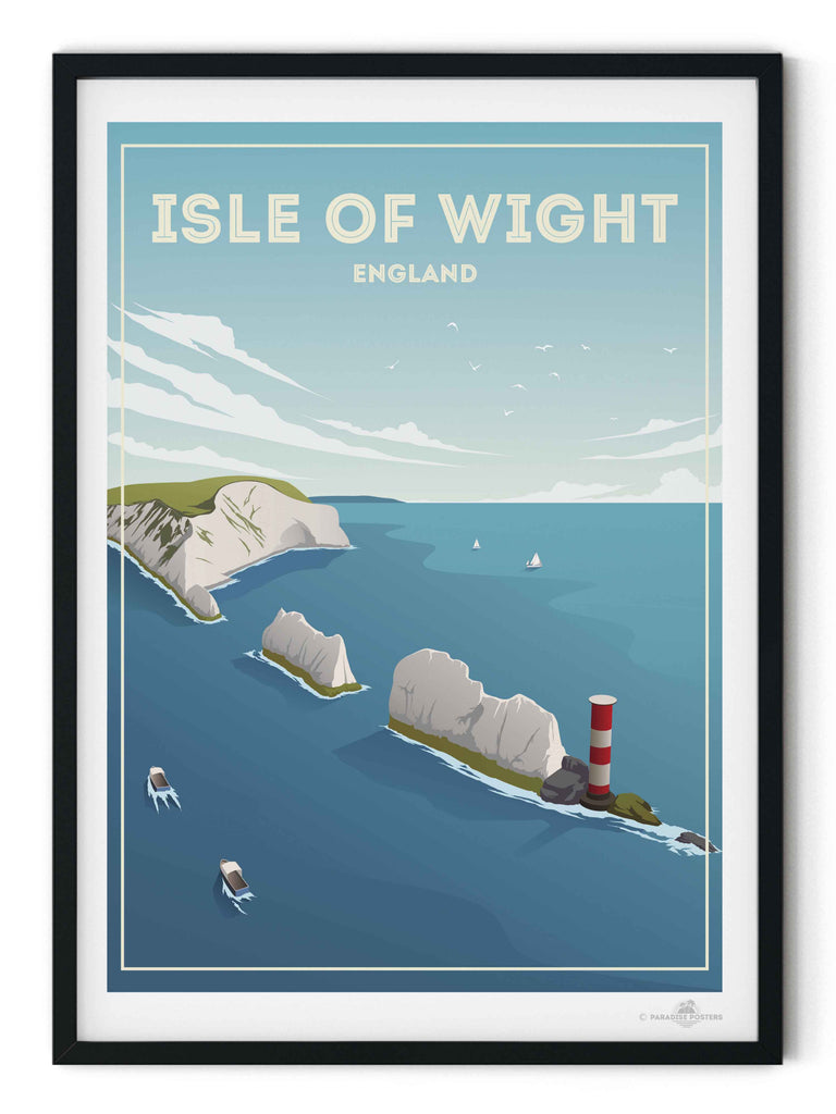 Isle of Wight England Travel Poster Print birds boats cliffs clouds coast coastline England framed headland isle lighthouse nature nautical new ocean rocks sea sky United Kingdom water waves wight