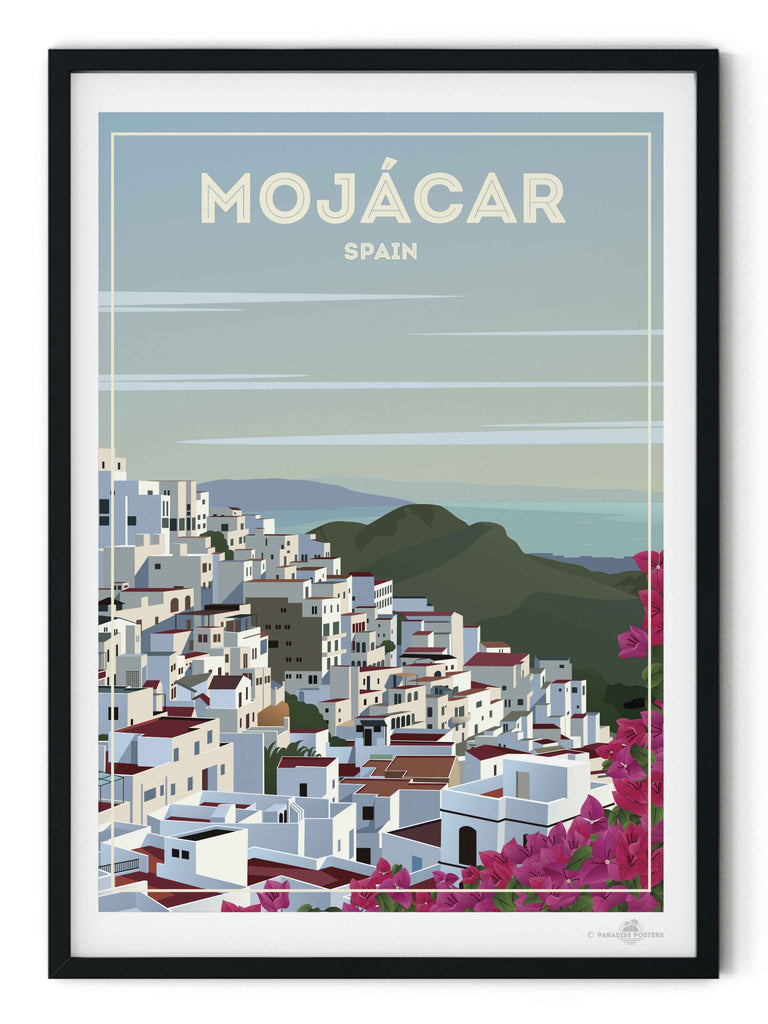 Mojácar Spain Travel Poster Print architecture bougainvillea coastal flowers framed hillside houses mediterranean mojacar mountains new pink rooftops scenic sky sunlight town village white
