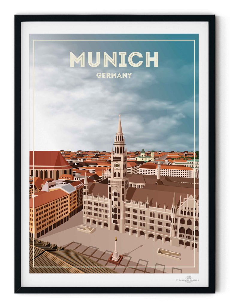 Munich Germany Travel Poster Print aerial architecture buildings cathedral cityscape clocktower clouds Europe european framed Germany historic landmark munich new old plaza rooftops skyline spire square tower