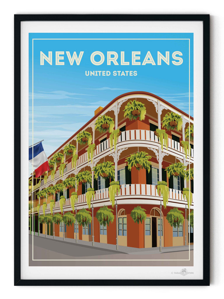 New Orleans United States Travel Poster Print architecture balcony building cityscape colonial corner ferns flag framed french historic new orleans plants quarter railings shutters street United States vintage windows