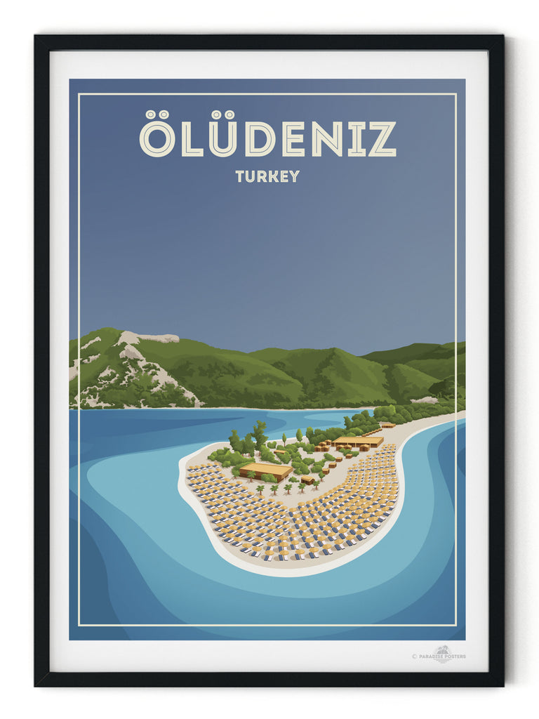 Oludeniz Turkey Travel Poster Print bay beach coastline framed greenery hills lagoon mountains new ocean oludeniz resort sand sea shoreline sunbeds tropical umbrellas water