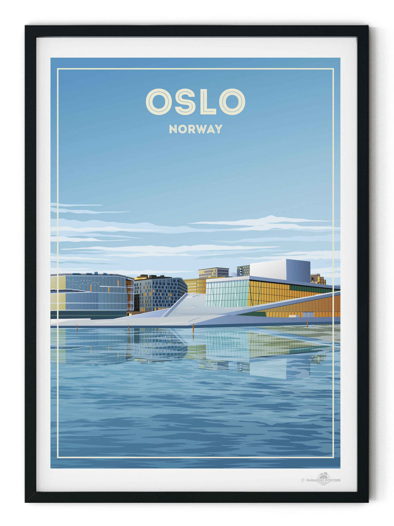 Oslo Norway Travel Poster Print architecture blue buildings cityscape contemporary framed glass harbour house modern new Norway opera oslo reflection sky skyline urban water waterfront