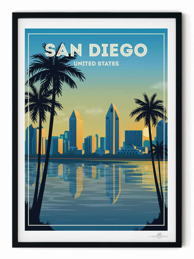 San Diego United States Travel Poster Print buildings cityscape coastal framed gradient illustration modern new ocean palm reflection silhouette skyline skyscrapers sunset trees twilight urban water waterfront