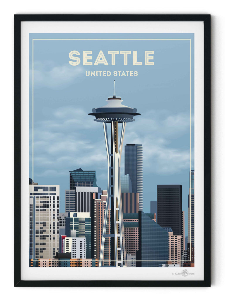 Seattle United States Travel Poster Print architecture buildings cityscape clouds downtown framed landmark metropolitan modern new seattle sky skyline skyscrapers spaceneedle states tower united urban usa