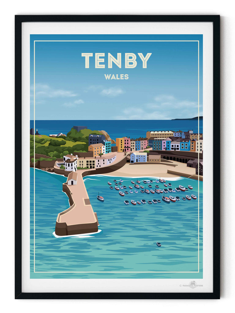 Tenby Wales Travel Poster Print boats buildings cliffs coastline colourful framed harbour headland houses marina new ocean pier sea seaside sky tenby town Wales water