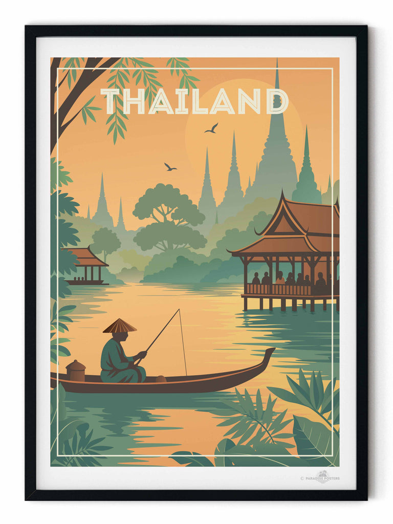 Thailand Travel Poster Print architecture bamboo boat culture exotic fisherman fishing foliage green illustration jungle landscape nature new orange pagoda peaceful reflection river serene silhouette spires sunrise sunset temple Thai Thailand tropical vintage water