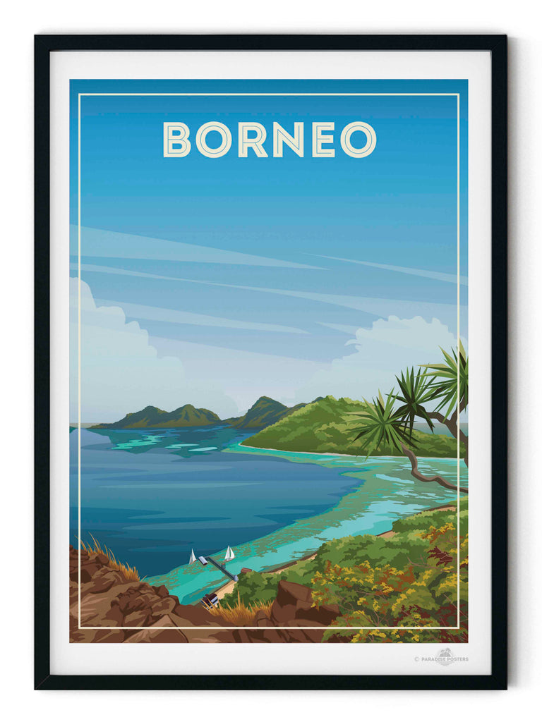 Borneo Travel Poster Print bedroom art blue green artwork borneo poster coastal wall art exotic travel poster framed gift for travellers holiday decor housewarming gift living room decor Malaysia nature wall decor new office wall print paradise poster sea and island art tropical travel print vintage travel art