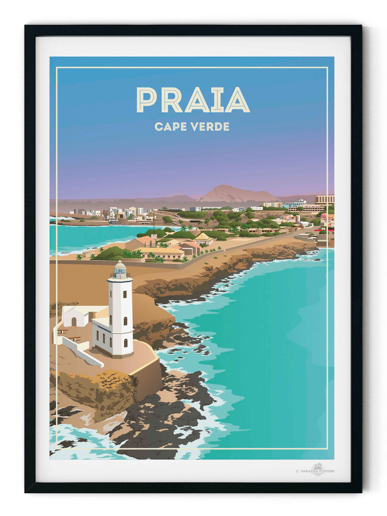 Praia Cape Verde Travel Poster Print beach decor bedroom wall art birthday present calming wall art cape verde cape verde art coastal wall art framed gift idea housewarming gift lighthouse print living room art minimalist decor modern art print new office decor pastel colour art praia cape verde travel poster print praia poster sea view poster travel home decor travel poster turquoise sea with pastel blue and lavender sky