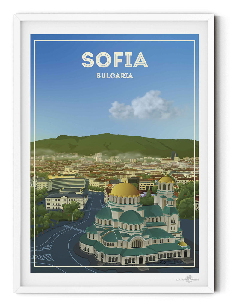 Sofia Bulgaria Travel Poster Print architecture bulgaria capital cathedral church cityscape clouds domes Europe framed gold green hills historic landmark mountains new orthodox skyline sofia square