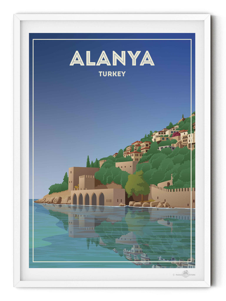 Alanya Castle Paradise Posters Travel Poster Print architecture blue castle coast fortress framed greenery hillside historic houses mediterranean new reflection sea shoreline sky towers Turkey walls water