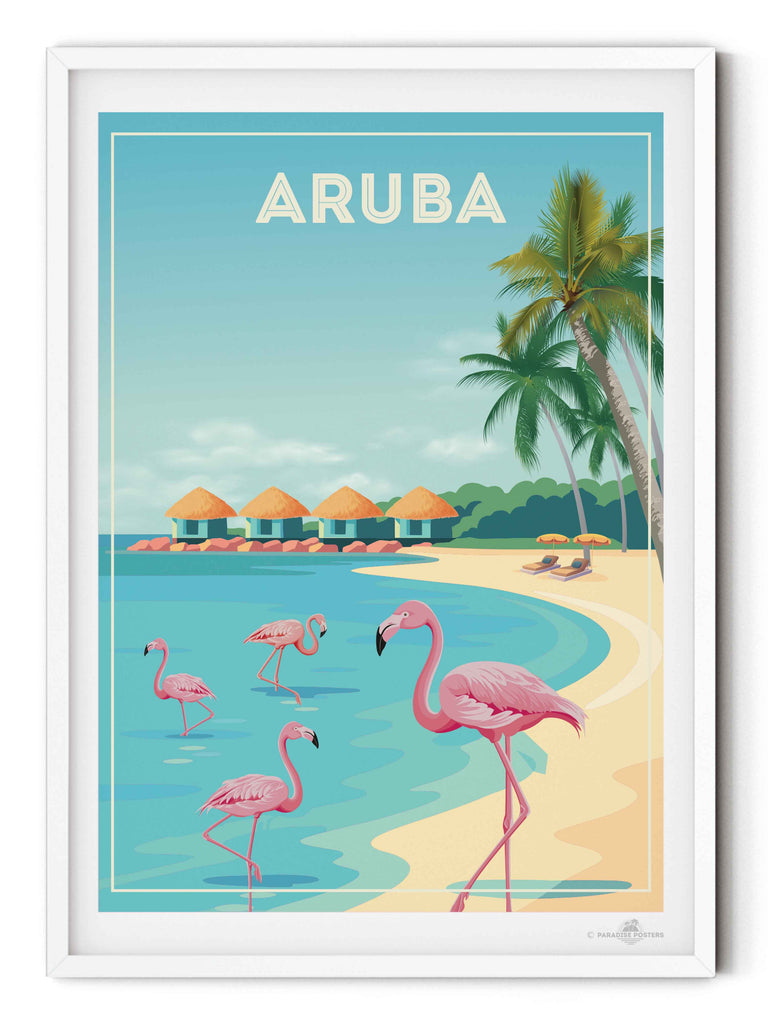 Aruba Travel Poster Print aruba Caribbean coast exotic flamingos framed huts lagoon new ocean palm paradise resort sand shoreline sunbeds trees tropical umbrellas water