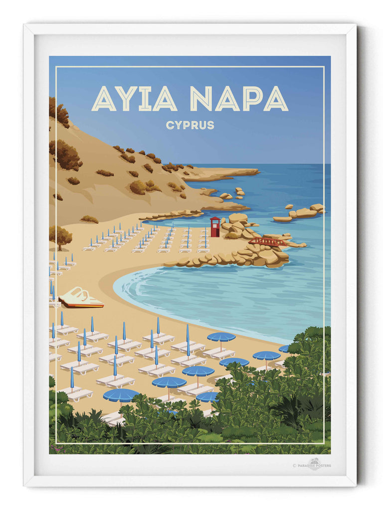 Ayia Napa Cyprus Travel Poster Print ayia bay beach cliffs coast framed greenery hut lifeguard napa new ocean resort rocks sand sea shoreline summer sunbeds umbrellas