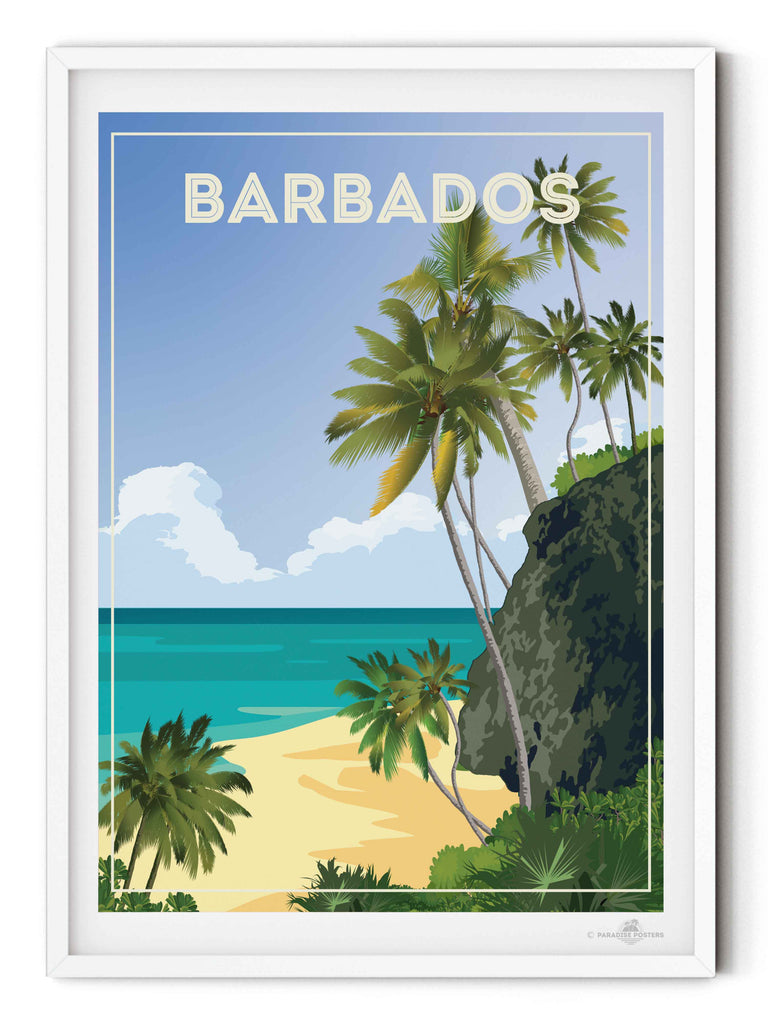 Barbados Travel Poster Print beach cliff clouds coast exotic framed greenery horizon jungle new ocean palm paradise sand sea shoreline sky trees tropical
