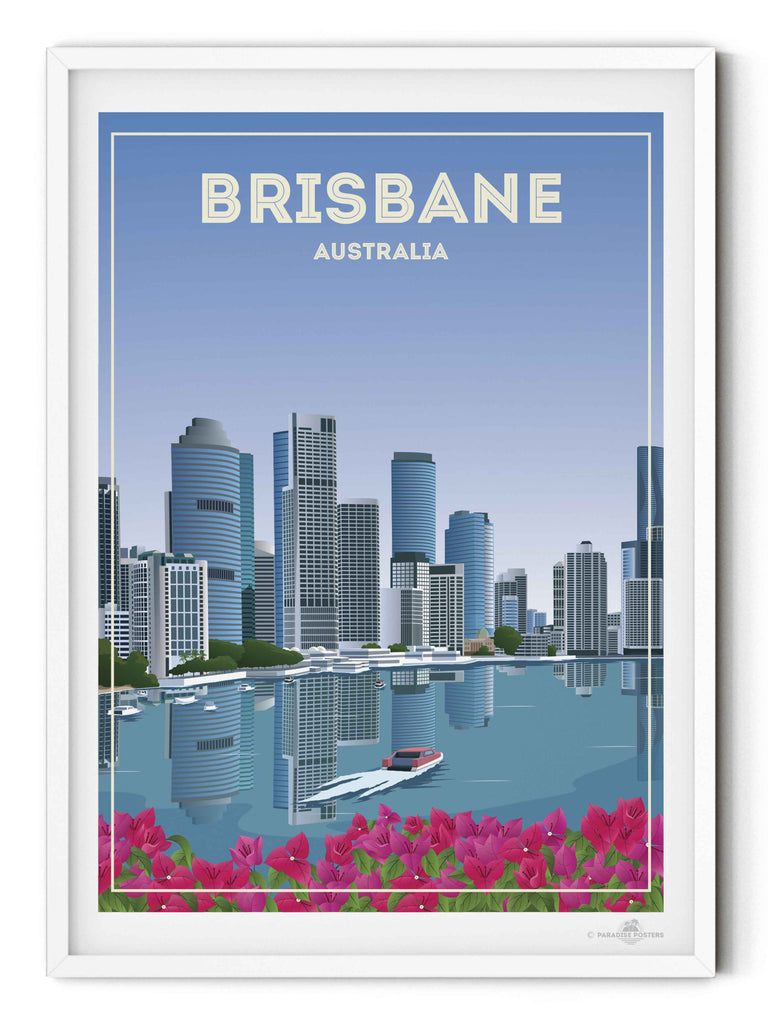 Brisbane Australia Travel Poster Print architecture blue boat brisbane buildings cityscape flowers framed modern new pink reflection river skyline skylineview skyscrapers tropical urban waterfront