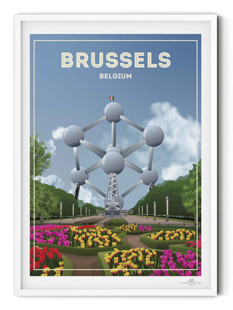Brussels Belgium Travel Poster Print architecture atomium Belgium brussels clouds Europe flowers framed gardens iconic landmark modern monument new park sculpture sky spheres structure tourism trees tulips