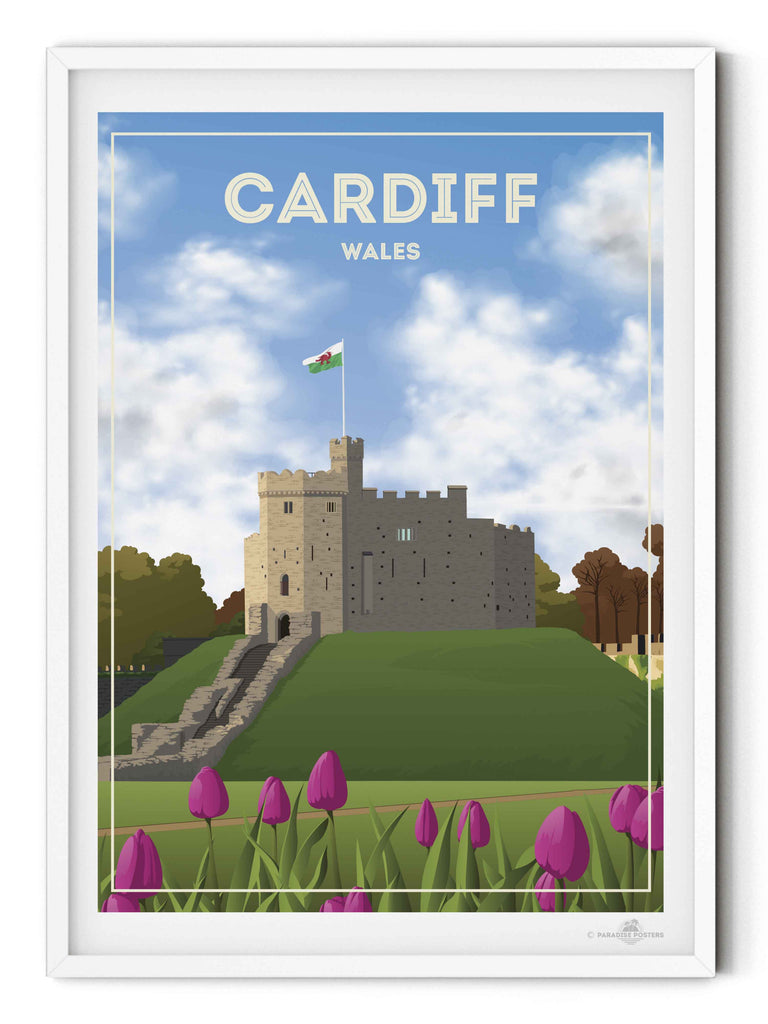 Cardiff Wales Travel Poster Print architecture cardiff castle clouds flag flowers fortress framed grass heritage hill historic landmark medieval new sky stone tower tulips welsh