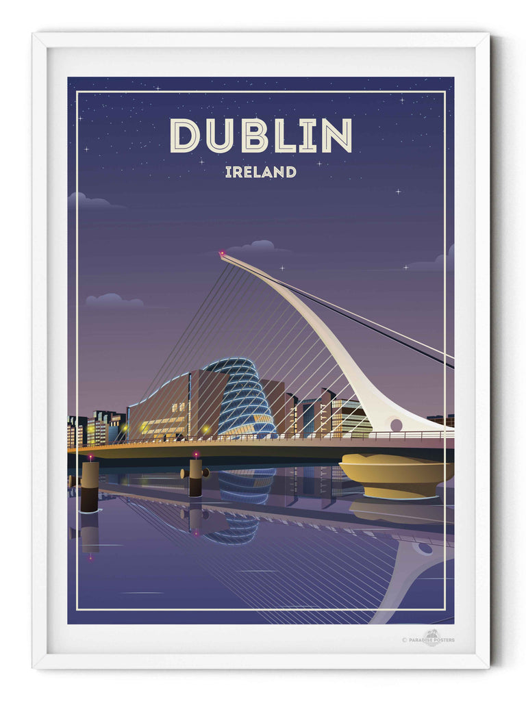 Dublin Ireland Travel Poster Print architecture bridge cables cityscape dublin evening framed illuminated ireland landmark lights modern new night reflection river skyline stars urban waterfront