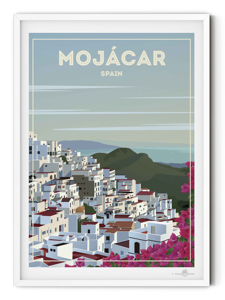 Mojácar Spain Travel Poster Print architecture bougainvillea coastal flowers framed hillside houses mediterranean mojacar mountains new pink rooftops scenic sky sunlight town village white
