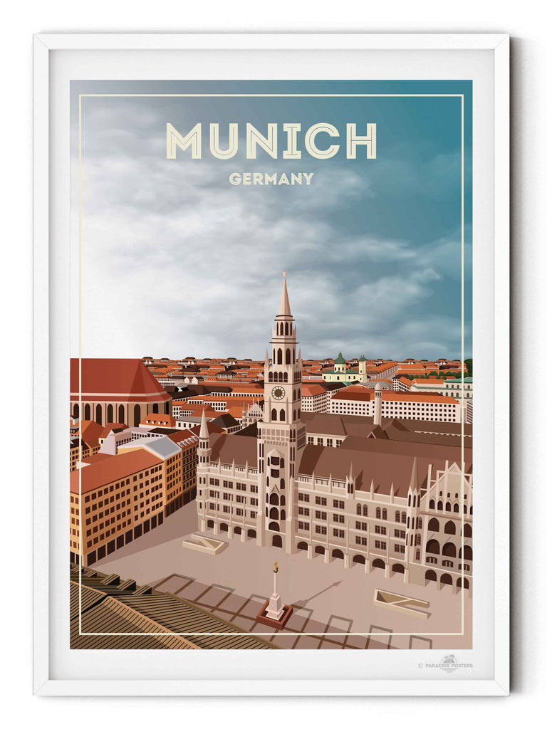 Munich Germany Travel Poster Print aerial architecture buildings cathedral cityscape clocktower clouds Europe european framed Germany historic landmark munich new old plaza rooftops skyline spire square tower