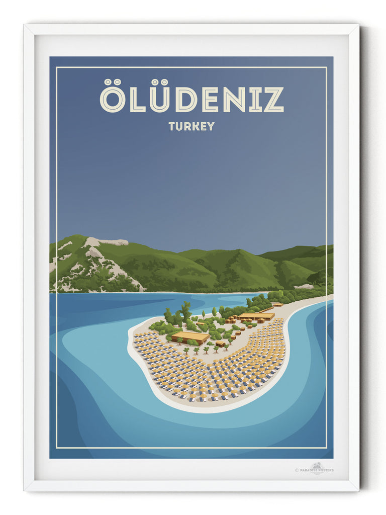 Oludeniz Turkey Travel Poster Print bay beach coastline framed greenery hills lagoon mountains new ocean oludeniz resort sand sea shoreline sunbeds tropical umbrellas water