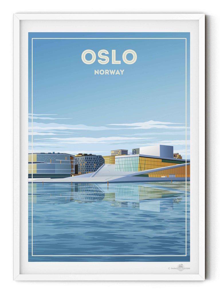 Oslo Norway Travel Poster Print architecture blue buildings cityscape contemporary framed glass harbour house modern new Norway opera oslo reflection sky skyline urban water waterfront