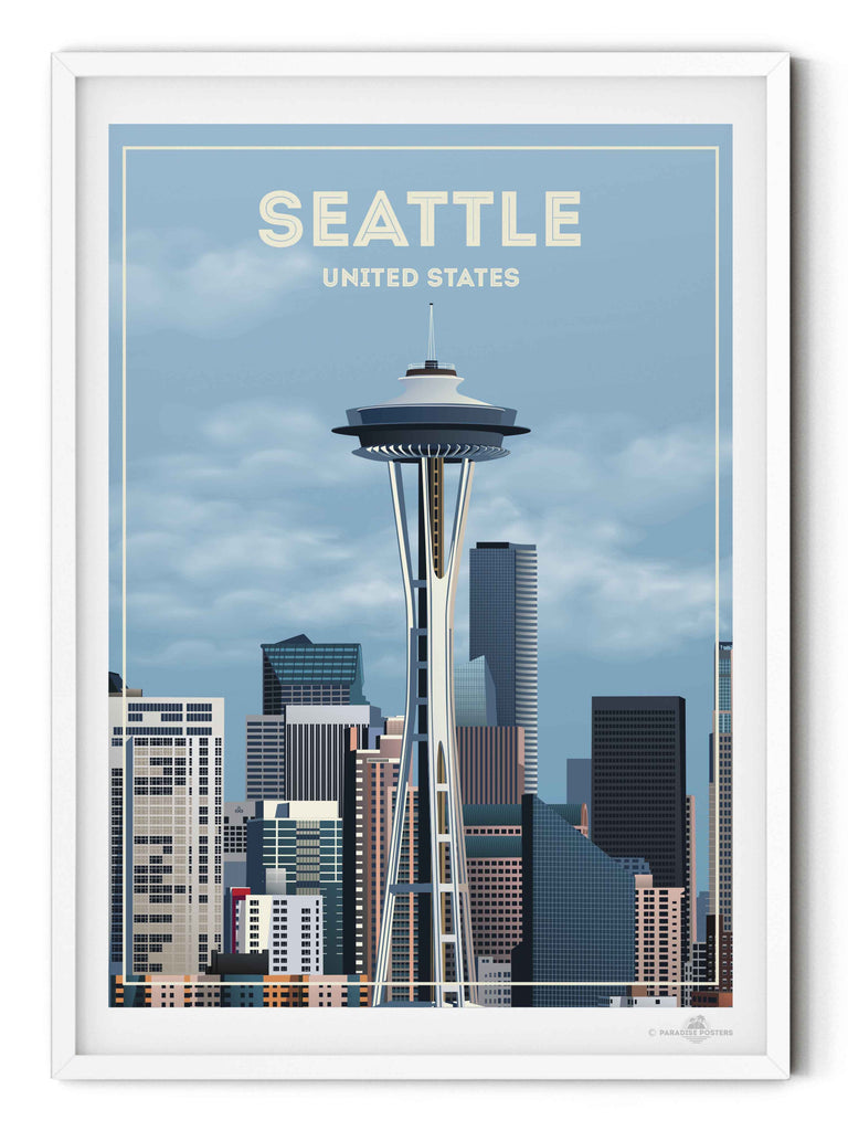Seattle United States Travel Poster Print architecture buildings cityscape clouds downtown framed landmark metropolitan modern new seattle sky skyline skyscrapers spaceneedle states tower united urban usa