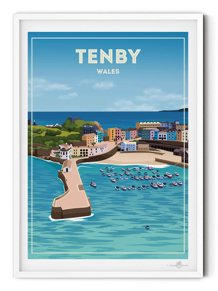 Tenby Wales Travel Poster Print boats buildings cliffs coastline colourful framed harbour headland houses marina new ocean pier sea seaside sky tenby town Wales water